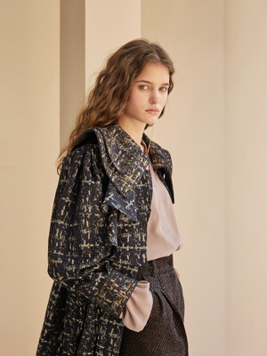 Double Wide Collared Loose Fit Jacquard Trench Coat