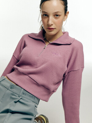 half neck knit zip-up pullover - pink