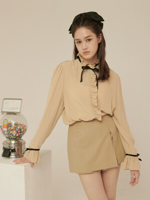 FRILL RIBBON LONG BLOUSE - BEIGE