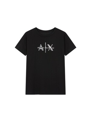 AX 여성 스팽글 로고 크루넥 티셔츠_블랙(A423130512)