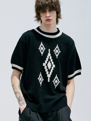 NAVAJO PATTERN RINGER HALF KNIT BLACK