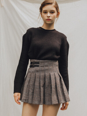 Buckle Pleats Check Mini Skirt