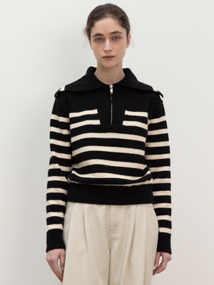 striped collar neck half zip-up pullover (black)