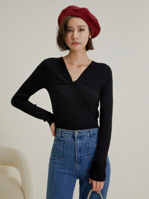 LS_Twisted v-neck knit top