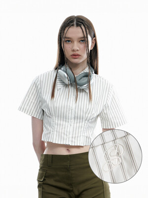 Pintuck Stripe Collar Slim Crop Short Sleeve Tee Shirt Crop Tee [Ivory]