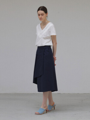 COTTON MID WRAP SKIRT (NAVY)