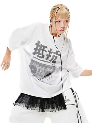 Oversized Hip Hop Dance Studio Radio Graphics Short Sleeve T-Shirt WHITE