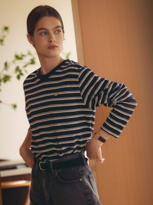 Bonheur stripe cotton t-shirt_Navy&Sky blue