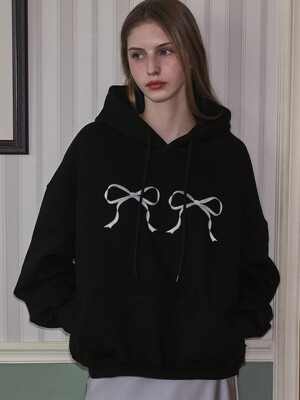 Twin Ribbon Embroidery Hoodie [Black]