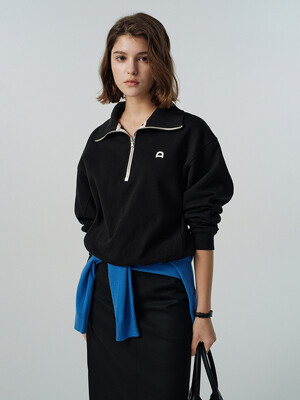 UNISEX LEATHER LOGO HALF ZIP-UP SWEATSHIRT BLACK_UDTS5A107BK