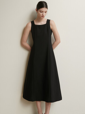 SQUARE NECK RIBBON BELT LONG BUSTIER ONE-PIECE BASIC BLACK