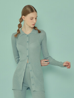 LONG KNIT COLLAR CARDIGAN_Windy blue