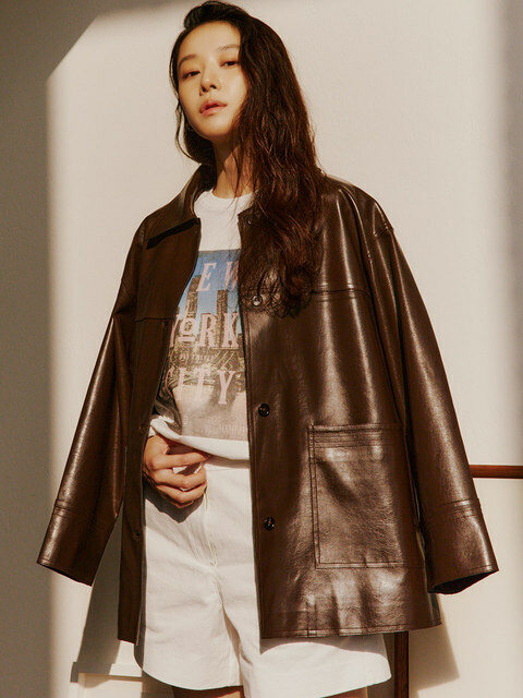 아우터 - 시야쥬 (Siyazu) - SIOT4069 fake leather oversized half JK_Brown