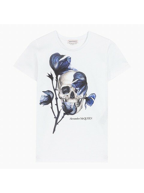 럭셔리어패럴 - 알렉산더맥퀸 (Alexander Mcqueen) - 22FW 알렉산더 맥퀸 플라워 스컬 프린트 슬림핏 화이트 여성 반팔 티셔츠 711435 QZAGS 0900
