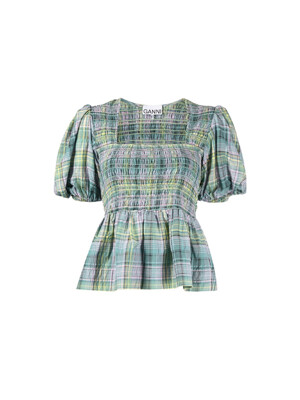 SEERSUCKER CHECK SMOCK BLOUSE F7650 LAGOON