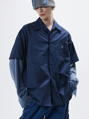 KNIT SLEEVE LAYERED SHIRT - NAVY