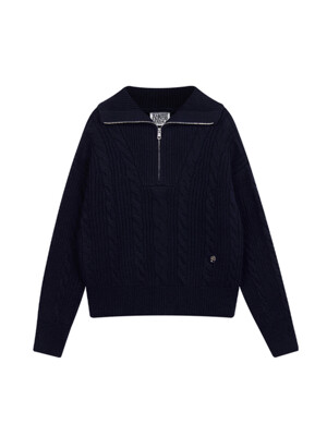 W CABLE HALF ZIPUP PULLOVER KNIT navy