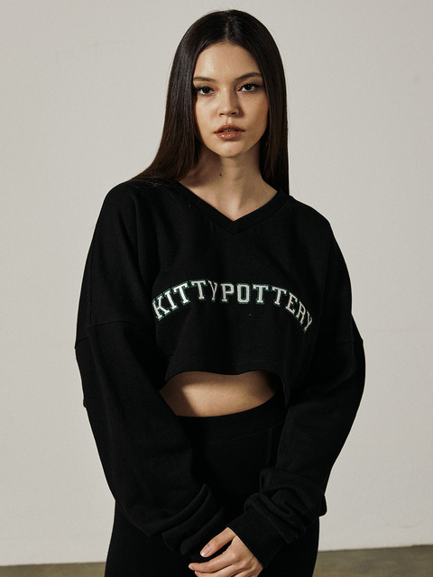 티셔츠 - 키티포터리 (KITTY POTTERY) - V-NECK CROP SWEAT SHIRTS [BLACK]