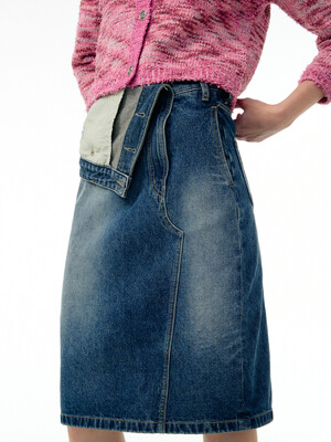 Folded-waist denim midi skirt (Blue)