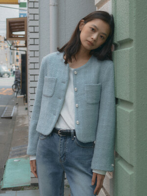 Collarless rose tweed jacket_Sky blue