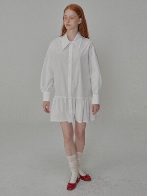 Cotton shirring mini shirt dress_White