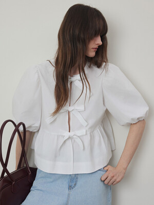 Claire Three-Strap Puff Sleeve Ribbon Blouse_White
