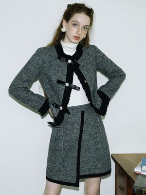 Cest_French Preppy tweed jacket and skirt set_DARK GRAY