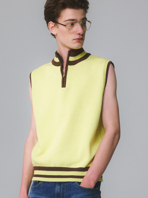 니트 - 문선 (MOONSUN) - UNISEX, Sporty Zip Up Knit Vest / Lemon