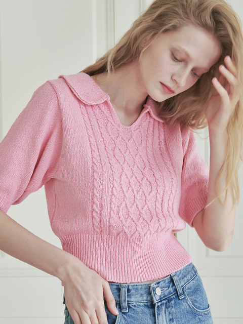 니트 - 론론 (RONRON) - COLLAR SLUB COTTON FISHERMAN SHORT KNIT PINK