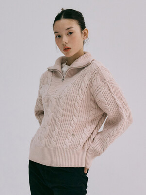 W CABLE HALF ZIPUP PULLOVER KNIT pink