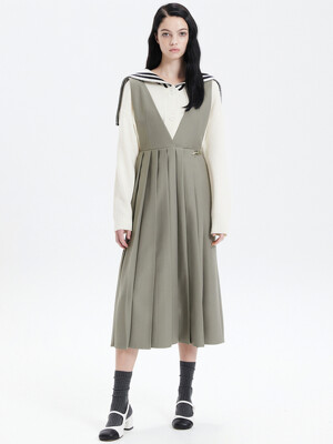 V-NECK PLEATS WRAP DRESS_BEIGE