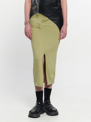 Shirring Layered Slit Skirt _ OLIVE GREEN