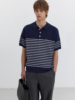 UNISEX COLLARED STRIPE KNIT CLASSIC NAVY_M_UDSW5B129N2