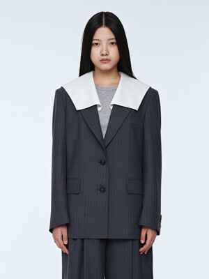 Collared Detail Oversized Jacket _ Grey Stripe