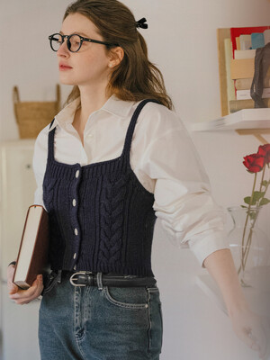 Textured point wool blended bustier_Navy