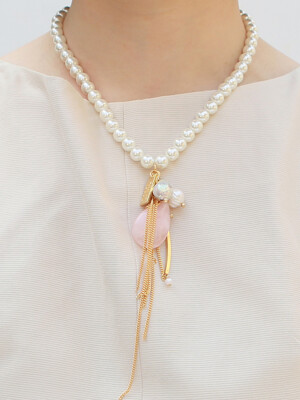 pink stone pearl necklace-crystal