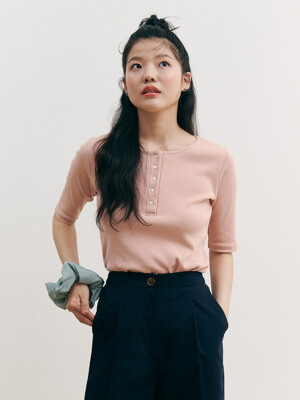 Henry Neck Ribbed Knit Top_pink