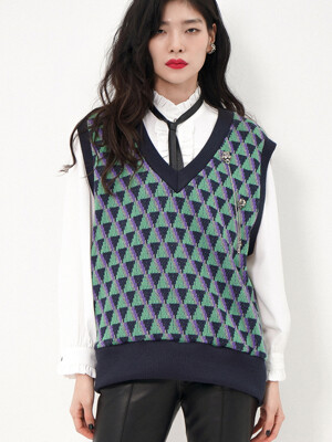 Geometric-Jacquard Oversized Sweater Vest[Green(UNISEX)]_UTW-FC13