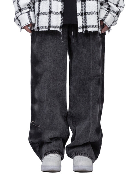 데님 - 블랙블론드 (BLACKBLOND) - BBD Side Sprayed Custom Wide Denim Pants (Vintage Black)