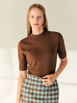 SHIRLEY Mock neck fine wool knit top (Brown)