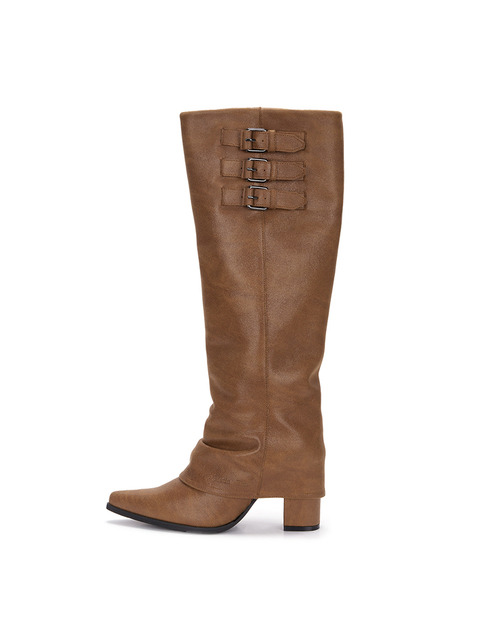부츠 - 마뗑킴 (Matin Kim) - BUCKLE LAYERED LEATHER LONG BOOTS IN BROWN