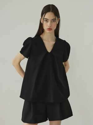 v-neck tuck A-line blouse_black