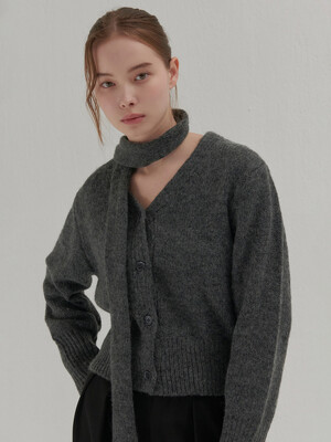 NECK RIBBON V-NECK CARDIGAN CHARCOAL