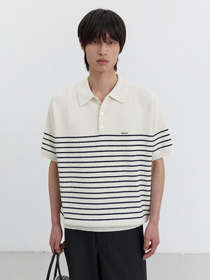 UNISEX COLLARED STRIPE KNIT CREAM_M_UDSW5B129CR