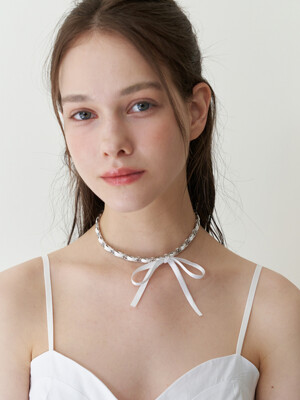 ribbon point chain choker necklace - white