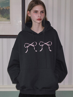 Twin Ribbon Embroidery Hoodie [Charcoal]