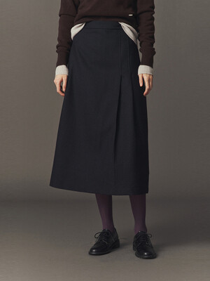 WOOL BLEND TUCKED SKIRT_D NAVY