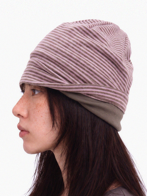 언더컨트롤 플리스 겨울 스트라이프 투톤 니트 두겹 비니 TENCEL MIX LONG WINTER HAT / DUAL COLOR / PINK KHAKI
