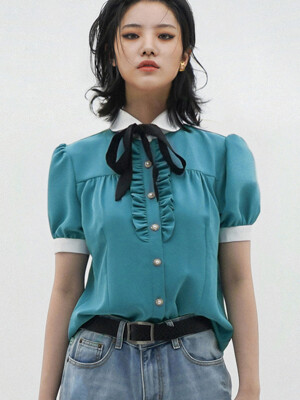 Balloon-Sleeve Ruffle Blouse(Blue)_UWS-SS06