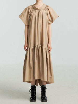 CLAUDIA BEIGE COTTON-BLEND BACK STRAP SHIRRING DRESS